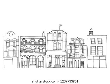 Vector illustration in hand drawn style with various houses. Line drawing building set