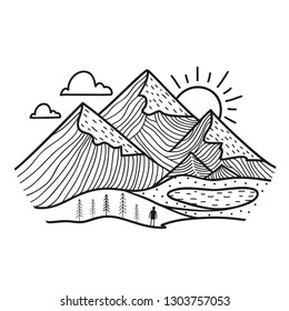 Vector illustration with hand drawn style mountain landscape with pine trees and lake, clouds and sun, human silhouette