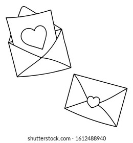 vector Illustration in hand drawn style with open love letter with hearts and closed envelope. Isolated doodle icon of message on white background in cartoon style, LDR long distance relationship