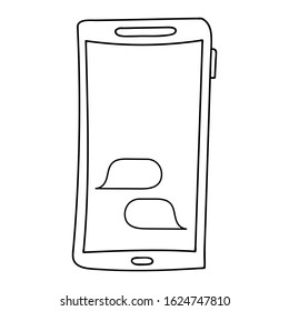 vector Illustration in hand drawn style with chat on phone screen with copyspace for texting, chatting and sms. Isolated doodle icon of smartphone with message in cartoon style on white background,