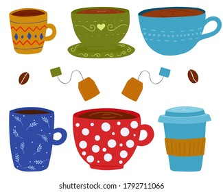 Vector illustration in hand drawn style: a set of cups with coffee and tea.