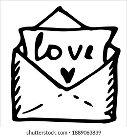 ilustración vectorial en estilo dibujado a mano con una carta de amor en un sobre. Doodle aislado icono de la letra de contorno negro sobre fondo blanco en estilo de dibujos animados, concepto de relación de larga distancia LDR y