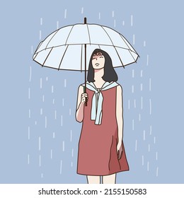 vector illustration, hand drawn style A female character standing with an umbrella on a rainy day in the rainy season while running errands outside. The concept of taking care of yourself in the rain