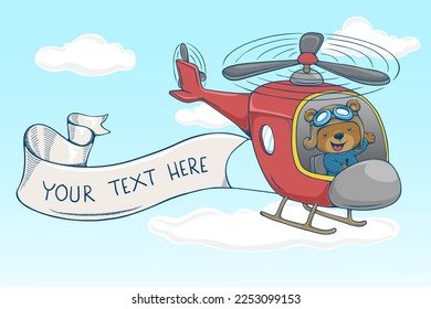 Ilustración vectorial en estilo dibujado a mano, caricatura de un oso lindo sobre una pancarta tiradora de un helicóptero