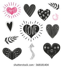 Vector illustration with hand drawn style set of black and pink heart, twigs and arrow icons 