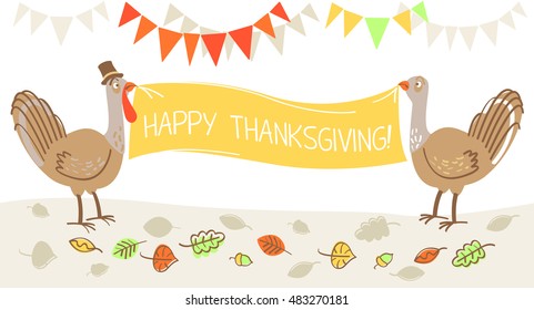 Vector illustration in hand drawn style. Couple of turkeys holding banner "Happy thanksgiving!" at a forest scene. Celebration of Thanksgiving day.
