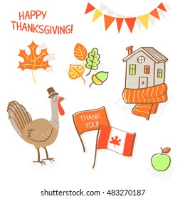 Vector illustration in hand drawn style. Set of elements for design: turkey cock, autumn leaves, flag of Canada, apple, house, maple leaf. Celebration of Thanksgiving day.