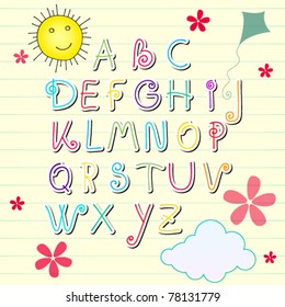 Vector illustration of hand drawn style cute summer sketchbook alphabet letters