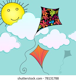 Vector illustration of hand drawn style cute kites flying in the sky