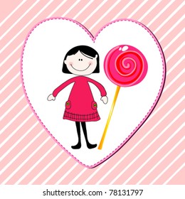 Vector illustration of hand drawn style, cute summer girl with candy