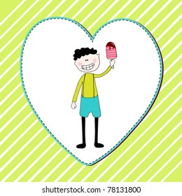 Vector illustration of hand drawn style, cute summer boy with ice cream