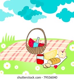 Vector illustration of hand drawn style, cute summer picnic basket on meadow