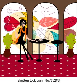 Vector illustration of hand drawn style elegant fashion girl in a cafe