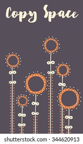 vector illustration of hand drawn stylized flowers, with orange petals on dark purple background and copy space
