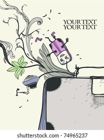 vector illustration with hand drawn suitcase and funny  trinkets
