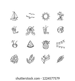 Vector illustration with hand drawn summer vacation icons for a beach party. Design elements for postcard, mug, poster. t-shirt, sticker, stamp