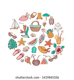 Vector illustration with hand drawn summer vacation clip art. Design element for travel agency, summer party, beach festival. Circle composition