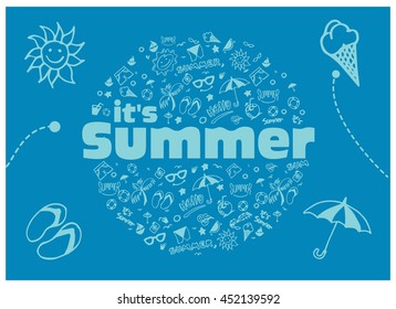 Vector illustration with hand drawn summer elements, symbol and object background