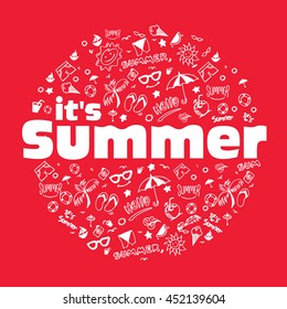 Vector illustration with hand drawn summer elements, symbol and object background