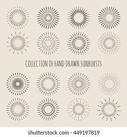 Vector illustration of hand drawn sunburst rays collection. Starburst set isolated on beige background.