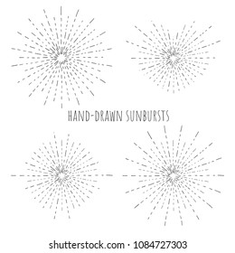 Vector illustration of a hand drawn sunbursts on white. Circle, heart, square, star shape vintage glow.