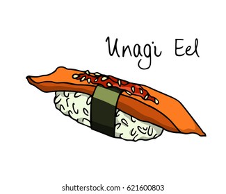 Vector illustration of hand drawn sushi with smoked eel. Beautiful food design elements, perfect for any business related to the food industry.