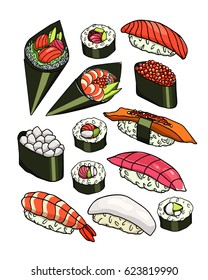 Vector illustration of hand drawn sushi set. Beautiful food design elements, perfect for any business related to the food industry.