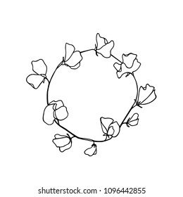 Vector illustration of hand drawn sweet pea wreath. Ink drawing, graphic style, beautiful wedding design element