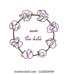 Vector illustration of hand drawn sweet pea wreath. Ink drawing, graphic style, beautiful wedding design element