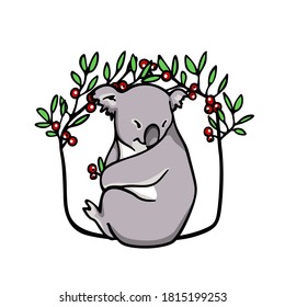 Vector illustration of hand drawn sweet koala in floral red berries frame made with ink. Perfect animal design elements.