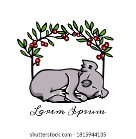 Ilustración vectorial de koala dulce dormido dibujado a mano en el marco de bayas rojas florales hechas con tinta. Elementos de diseño animal perfectos.