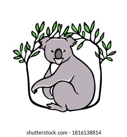 Vector illustration of hand drawn sweet koala in floral frame made with ink. Perfect animal design elements.