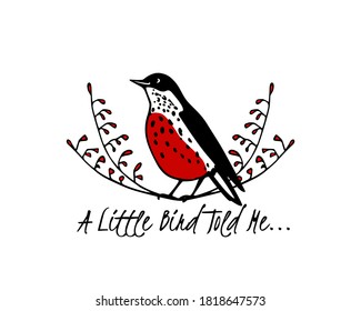 Dibujo vectorial de ave dulce dibujada a mano con pechuga roja en laurel de bayas rojas florales hecho con tinta. Perfecto animal y elementos de diseño navideño.