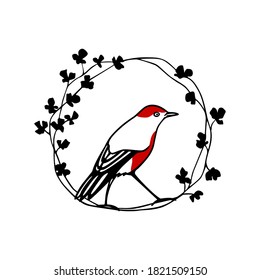 Vector illustration of hand drawn sweet bird with red breast in floral laurel made with ink. Perfect animal and Christmas design elements.
