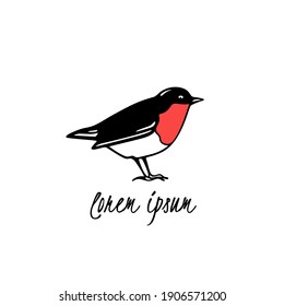 Vector illustration of hand drawn sweet red-breasted bird made with ink. Perfect animal design elements, logo template