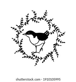 Vector illustration of hand drawn sweet bird in black leafy wreath made with ink. Perfect animal design elements, logo template