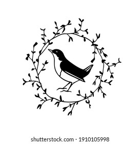 Vector illustration of hand drawn sweet bird in black leafy wreath made with ink. Perfect animal design elements, logo template