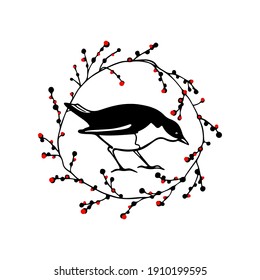 Ilustración vectorial del pájaro dulce dibujado a mano en una corona floral negra hecha con tinta. Elementos de diseño animal perfecto, plantilla de logotipo