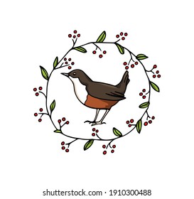 Vector illustration of hand drawn sweet bird in floral wreath made with ink. Perfect animal design elements, logo template