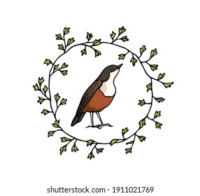 Vector illustration of hand drawn sweet bird in green leafy wreath made with ink. Perfect animal design elements, logo template