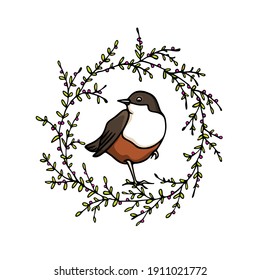 Vector illustration of hand drawn sweet bird in floral wreath made with ink. Perfect animal design elements, logo template