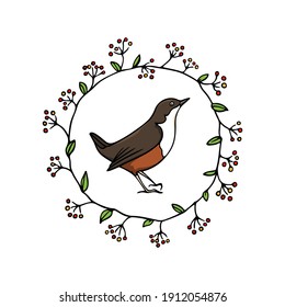 Vector illustration of hand drawn sweet bird in floral wreath made with ink. Perfect animal design elements, logo template