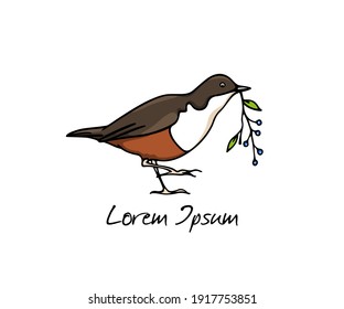 Vektorgrafik handgezeichneter süßer Vogel mit reifen Beeren-Zweig. Tintenzeichnung. Perfekte Elemente für Tierdesign, Logo-Vorlage