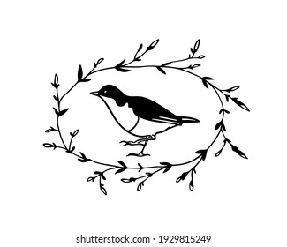 Vector illustration of hand drawn sweet bird in black leafy wreath made with ink. Perfect animal design elements, logo template