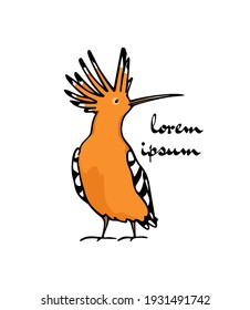 Vector illustration of hand drawn sweet Hoopoe. Ink drawing, graphic style. Beautiful animal design elements.