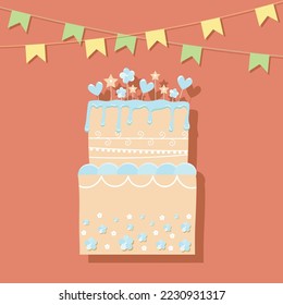 Vector illustration of hand drawn sweet birthday layer cake on soft brown background