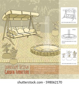 Vector illustration of hand drawn swing, fountain and flowers in pot. Garden accessory on beige  background. Landscape design. Summer backyard with outdoor furniture. Rest area.