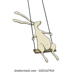 Vector illustration of hand drawn swinging hare. Ink drawing, graphic style, sweet animal character