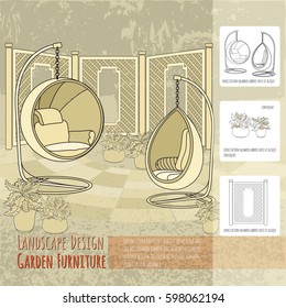 Vector illustration of hand drawn swings, fence  and flowers in pot. Garden accessory on beige  background. Landscape design. Summer backyard with outdoor furniture. Rest area.