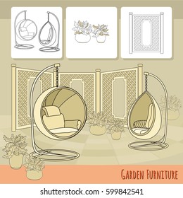 Vector illustration of hand drawn swings, fence and flowers in pot. Garden accessory on beige  background. Landscape design. Summer backyard with outdoor furniture. Rest area.